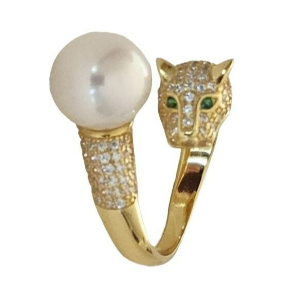 925S Genuine 10 mm Freshwater Pearl Adjustable Gold Ring With Leopard Design - Picture 14 of 16